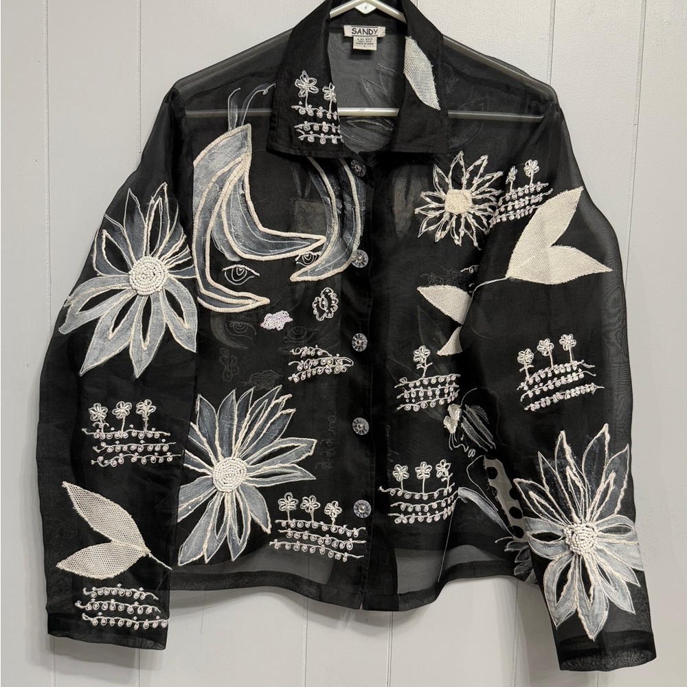 #14)  Sandy Black Sheer Embroidered Floral Jacket